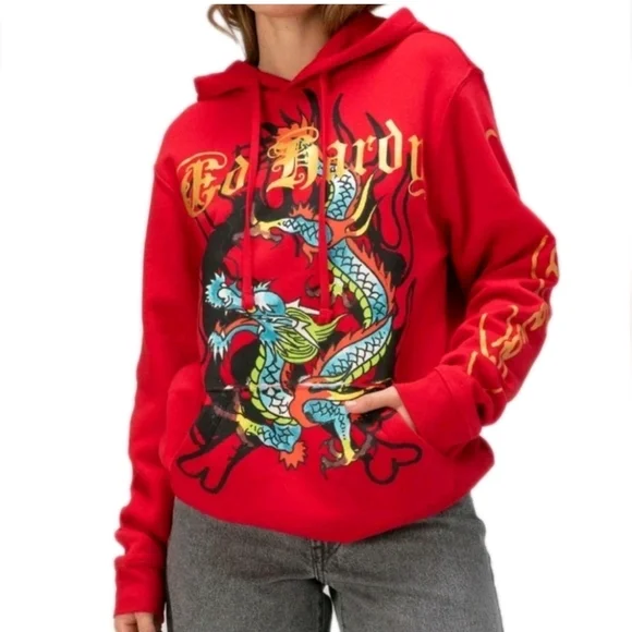 💕Ed Hardy Dragon Mens/Women's Adult Large Red Graphic Fleece Hoodie NWT $70 - Picture 3 of 3